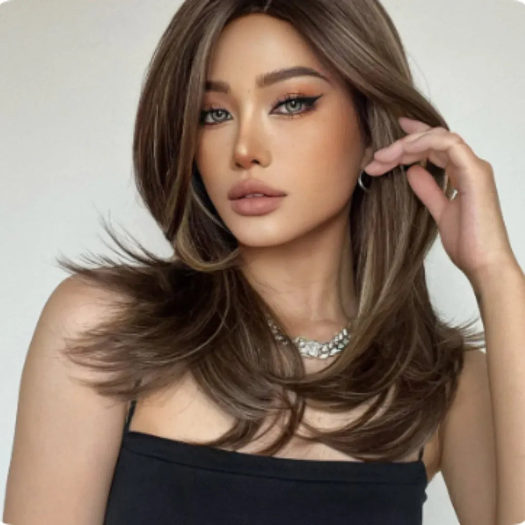 Mid-length platinum gradient curly wig with long bangs in white gold colour