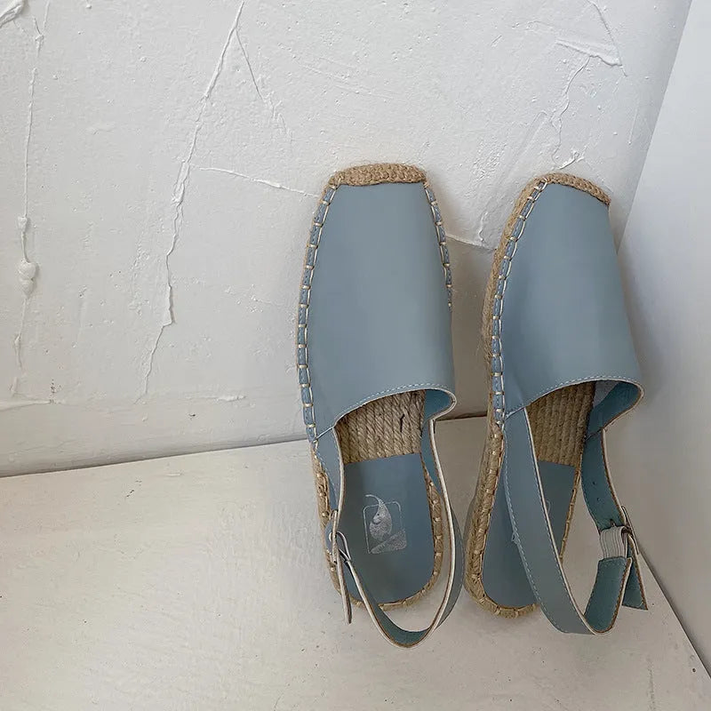 Women's retro fisherman flat sandals in yellow with canvas upper and leather detailing