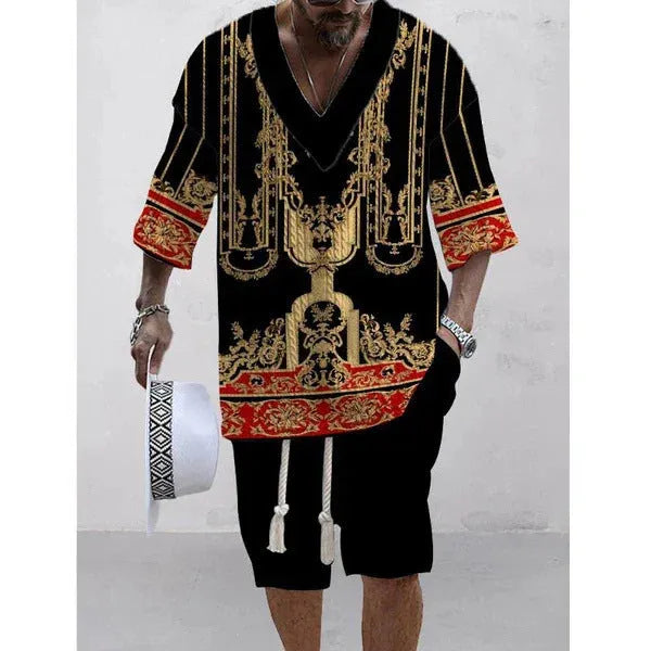 Men's loose-fit casual short sleeve suit and shorts set in a solid colour.