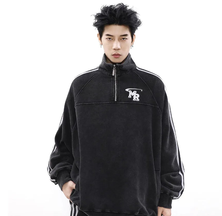 Black polyester stand collar hoodie with Hong Kong style casual sports design