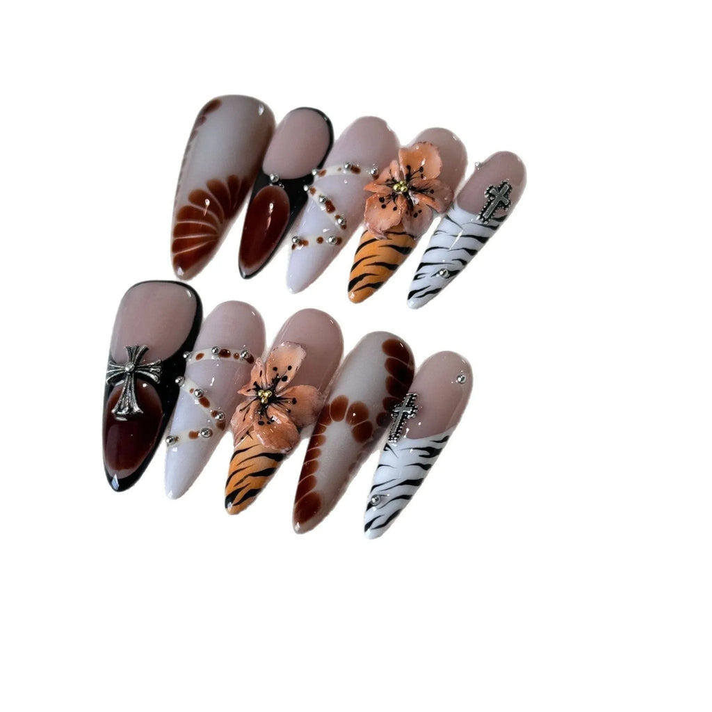 Set of long-tip nail stickers featuring leopard print, cross, and flower patterns in four sizes.