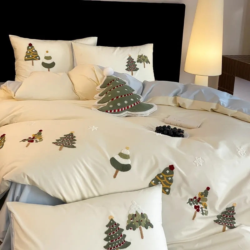 Christmas tree embroidered cotton bed linen four-piece set in cream blue and green colour options