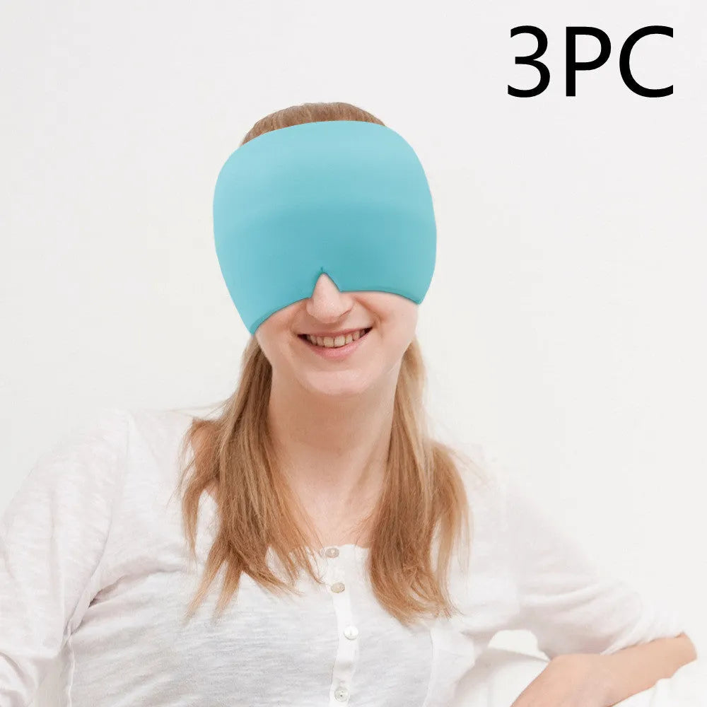 Black reusable gel ice mask for eyes and forehead on a white background