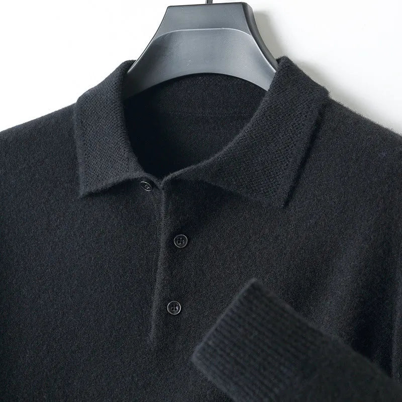 Men's grey wool pullover sweater with a polo collar and long sleeves, showing textured collage stitching.