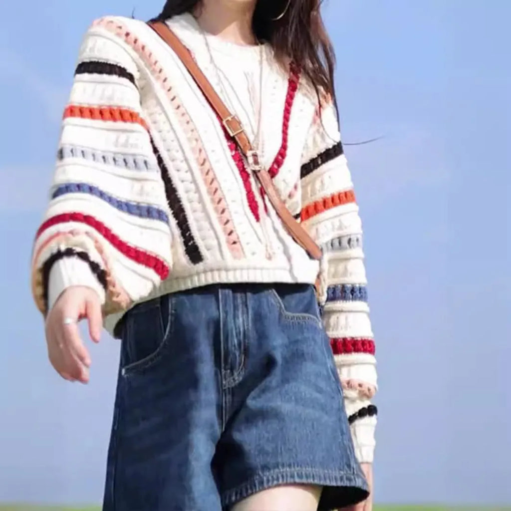 Rainbow striped batwing sleeve loose fit sweater with round neck in multi-colour retro design