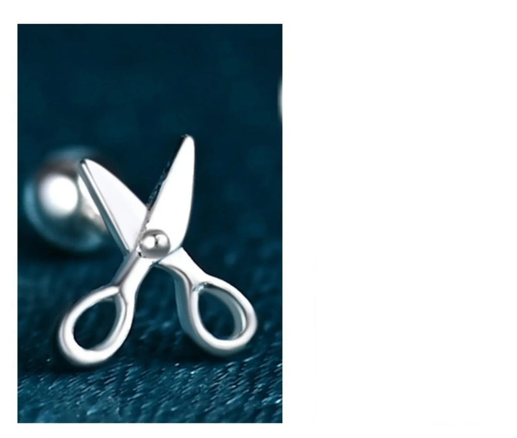 Silver screw stud earrings with mini scissors design motif
