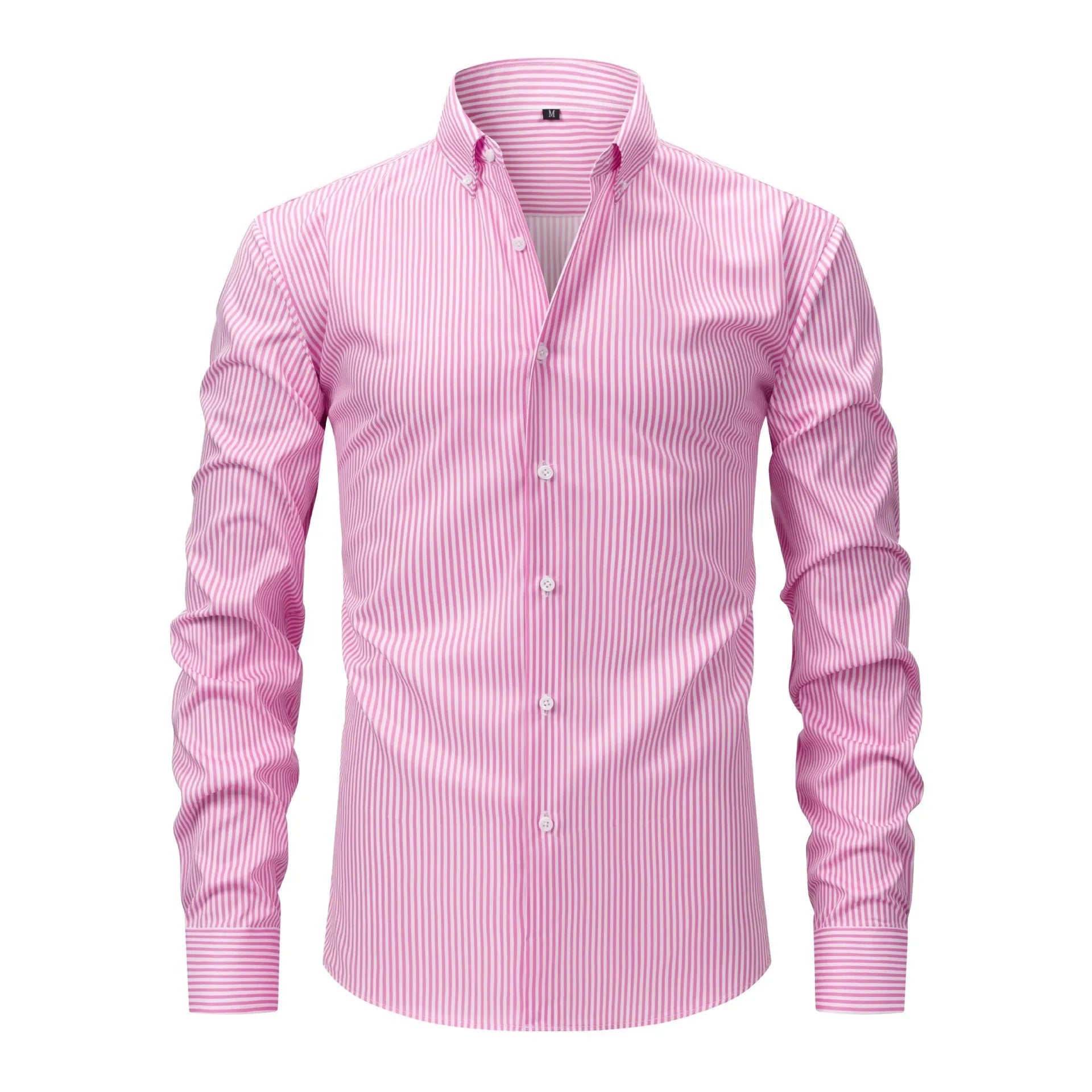 Men's striped business casual shirt with lapel collar and long sleeves in non-iron fabric