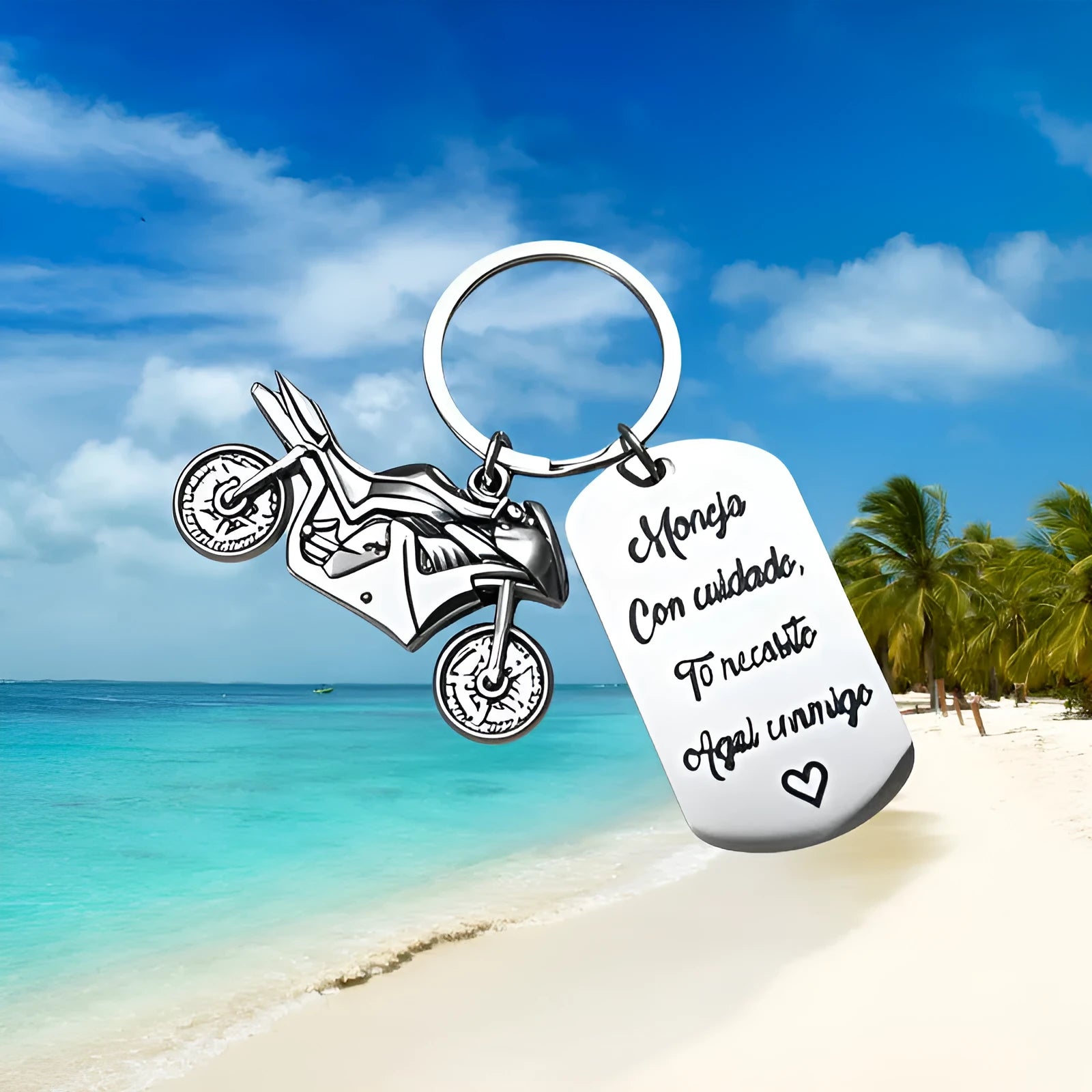 Stainless steel motorcycle key chain with inspirational design and included flannel storage bag