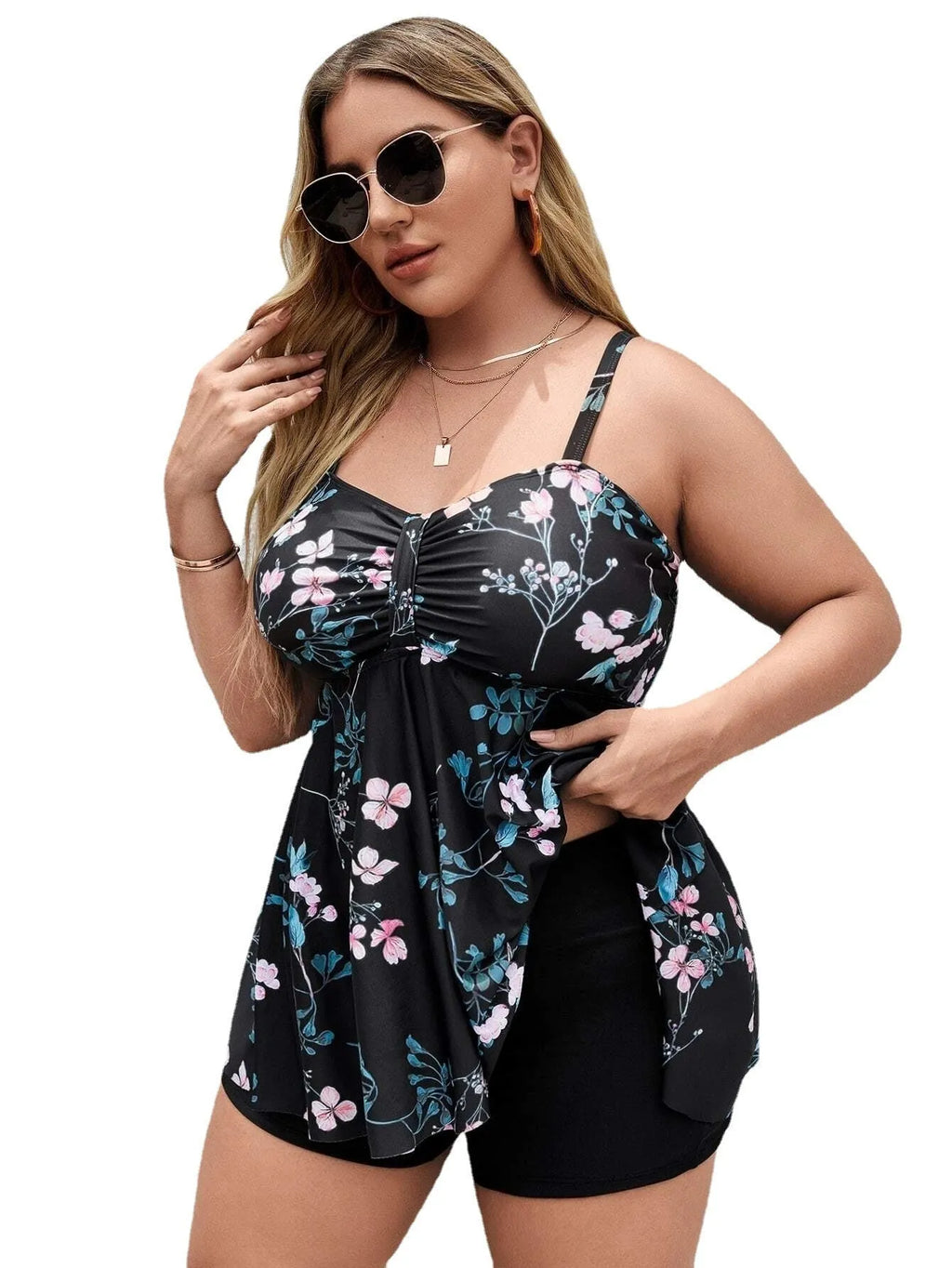 Women's plus size floral print one-piece swimsuit in split colour design.