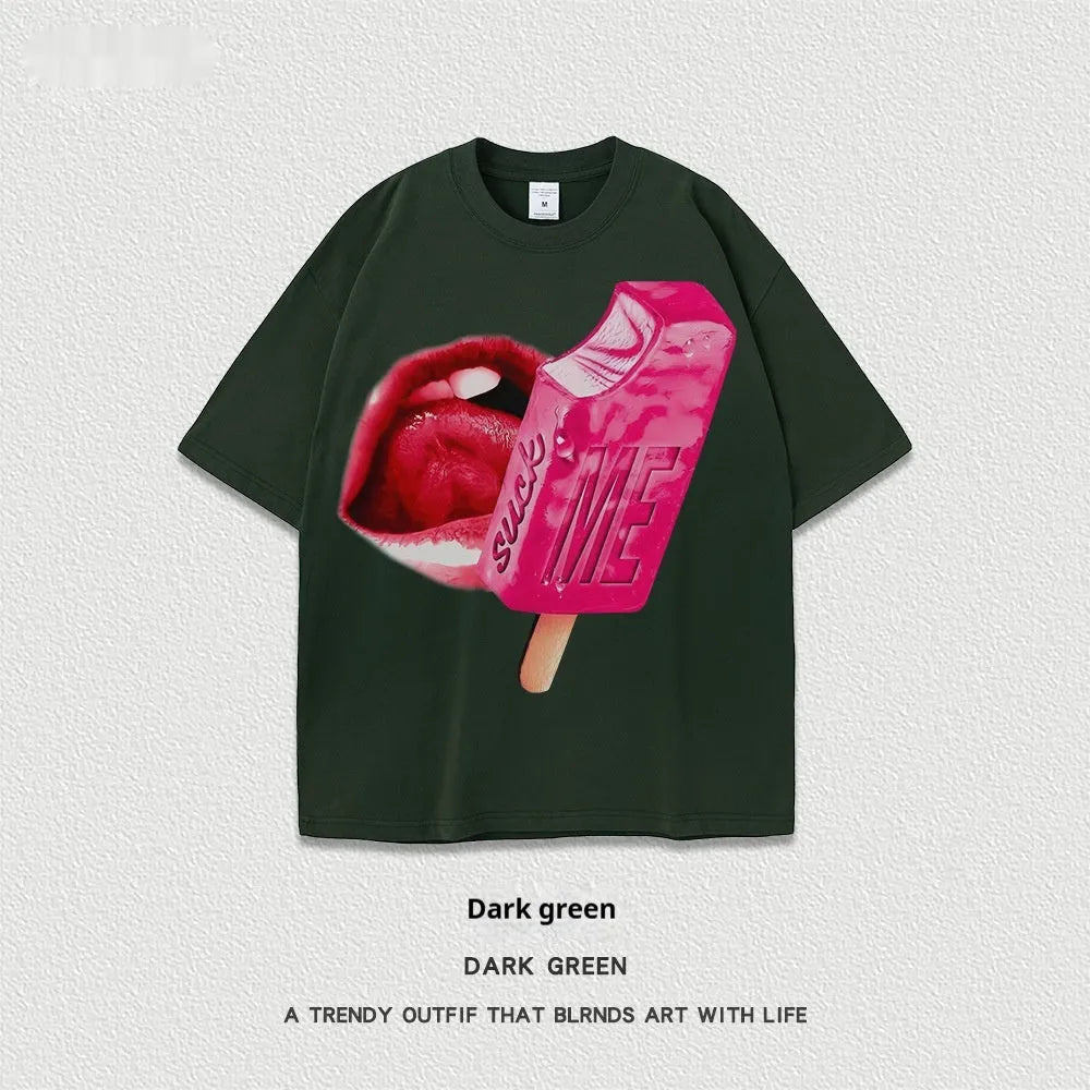 Loose fit heavy washed cotton t-shirt with a cartoon print on the front, shown in a selected colour.