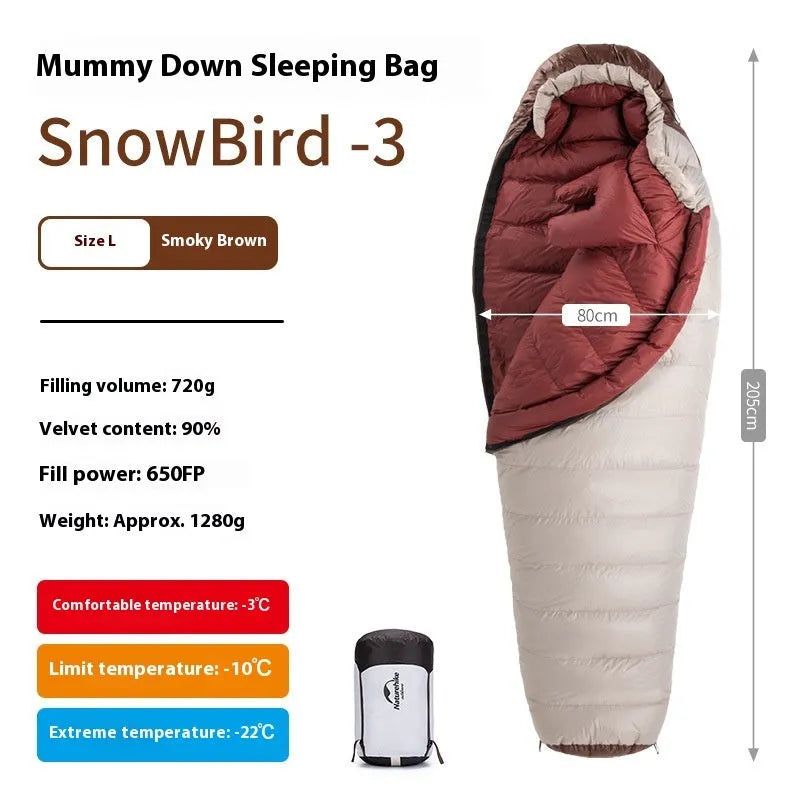 Goose down mummy sleeping bag for adult camping in a stuff sack