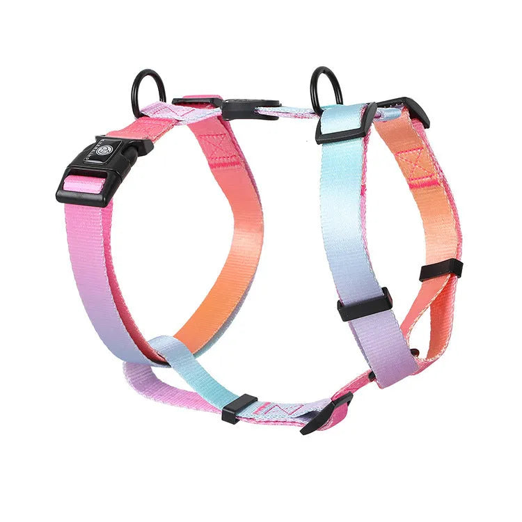 Gradient colour dog harness with chest straps in purple, blue, neon, or green patterns