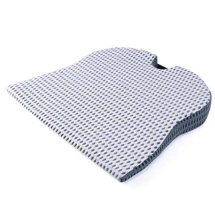 Memory foam seat cushion with strap fastening in black, grey, or milky white for car and office chairs.