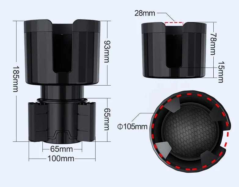 Matte black car cup holder expander with adjustable base for large bottles and travel mugs.