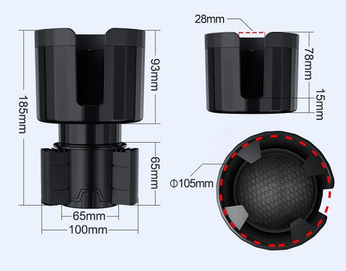 Matte black car cup holder expander with adjustable base for large bottles and travel mugs.