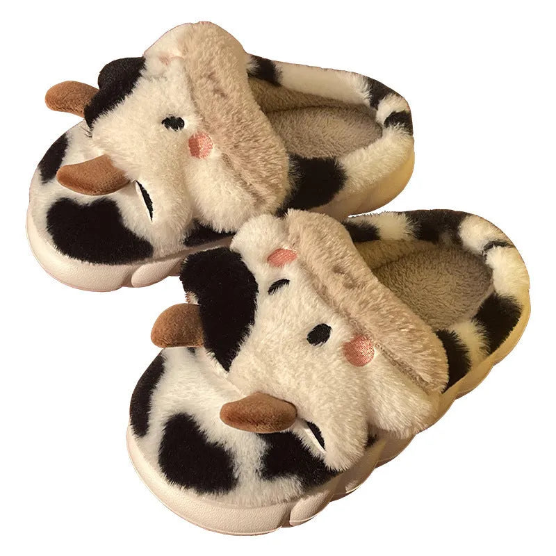 White cartoon cow plush slippers with anti-slip PVC soles for women