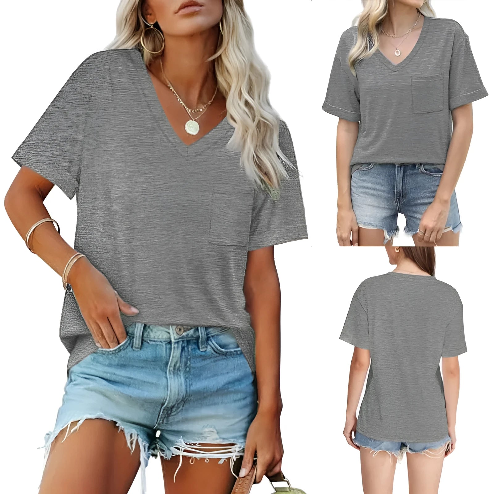 Grey loose fit V-neck T-shirt with chest pocket in casual style