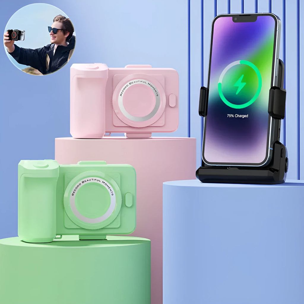 Plastic wireless charging magnetic phone holder in pink with USB cable on desk