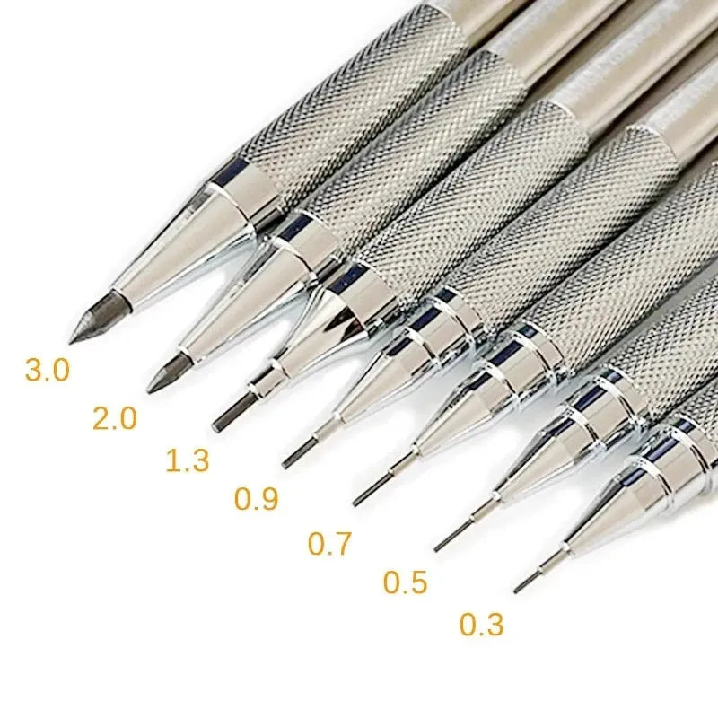 Metal automatic mechanical pencil on a surface, shown with multiple lead size indicators including 0.5mm and 2.0mm.