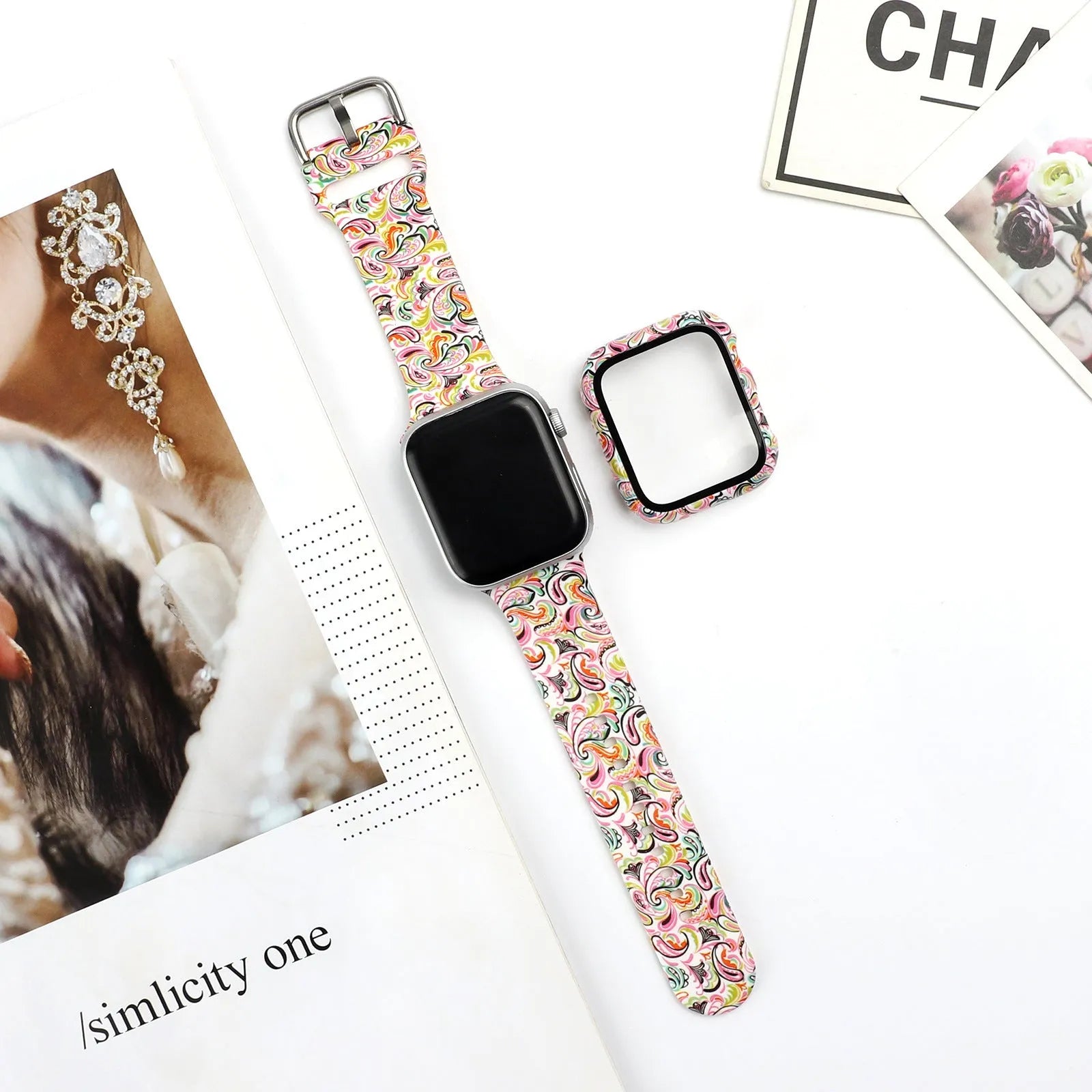 Printed silicone replacement watch strap for Apple Watch in multiple sizes and design styles