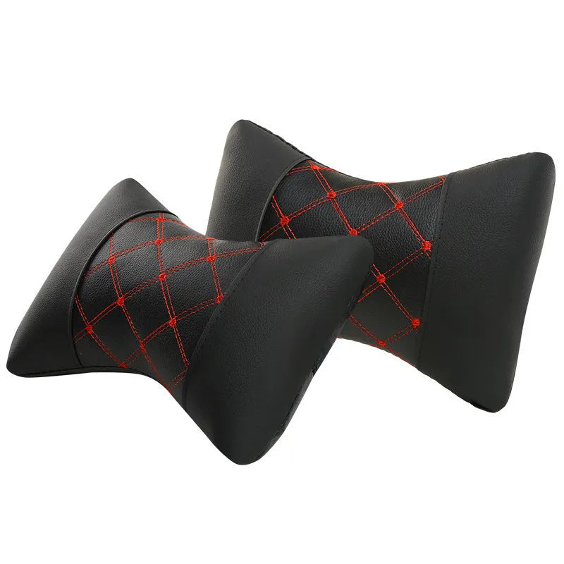 Black quilted artificial leather car headrest neck pillow with diamond pattern for cervical support.