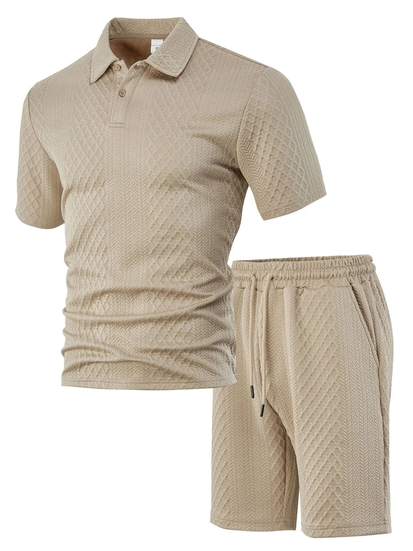 Men's figured cloth casual suit set with short sleeve polo shirt and matching trousers in multiple colour options