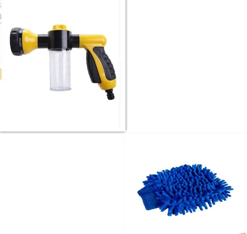 Green high pressure foam spray gun with adjustable nozzle for car washing and household cleaning.