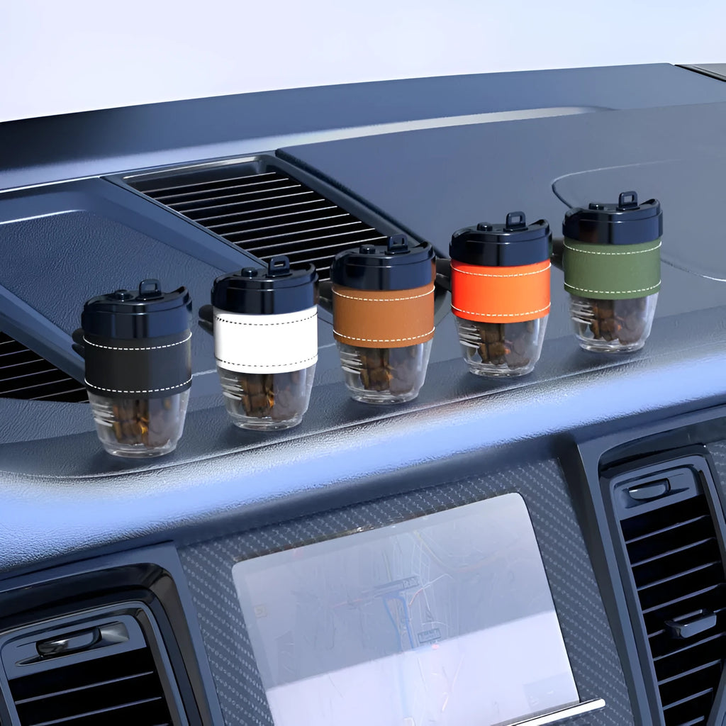 Plastic coffee cup shaped solid car air freshener with coffee beans fragrance in choice of colours