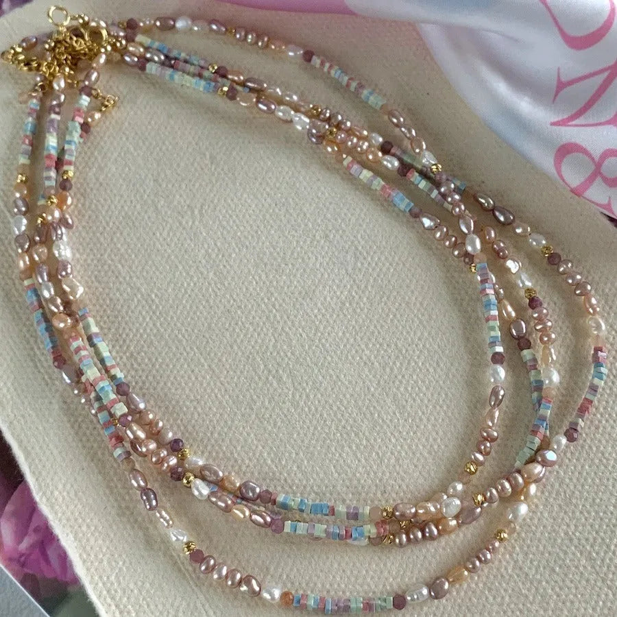 Women's 14K gold gilded natural pearl mini bracelet with irregular silver pieces and matching necklace