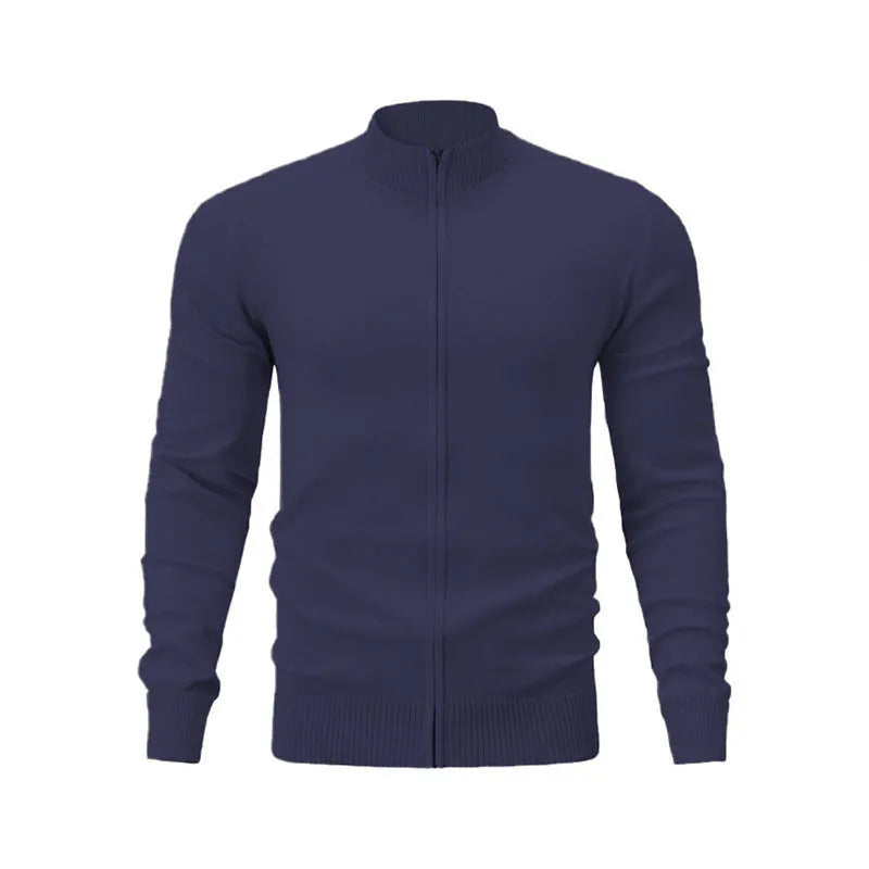 Cotton stand collar casual sports sweater with full-length zipper in loose fit