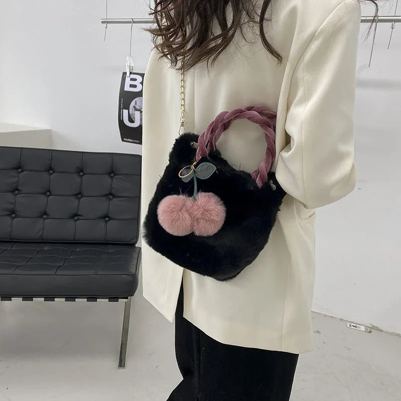 Large capacity soft plush travel bucket bag with open pocket in milky white colour