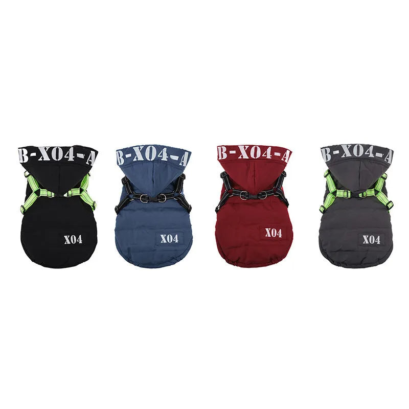 Red fleece-lined waterproof dog coat with hood on a small dog