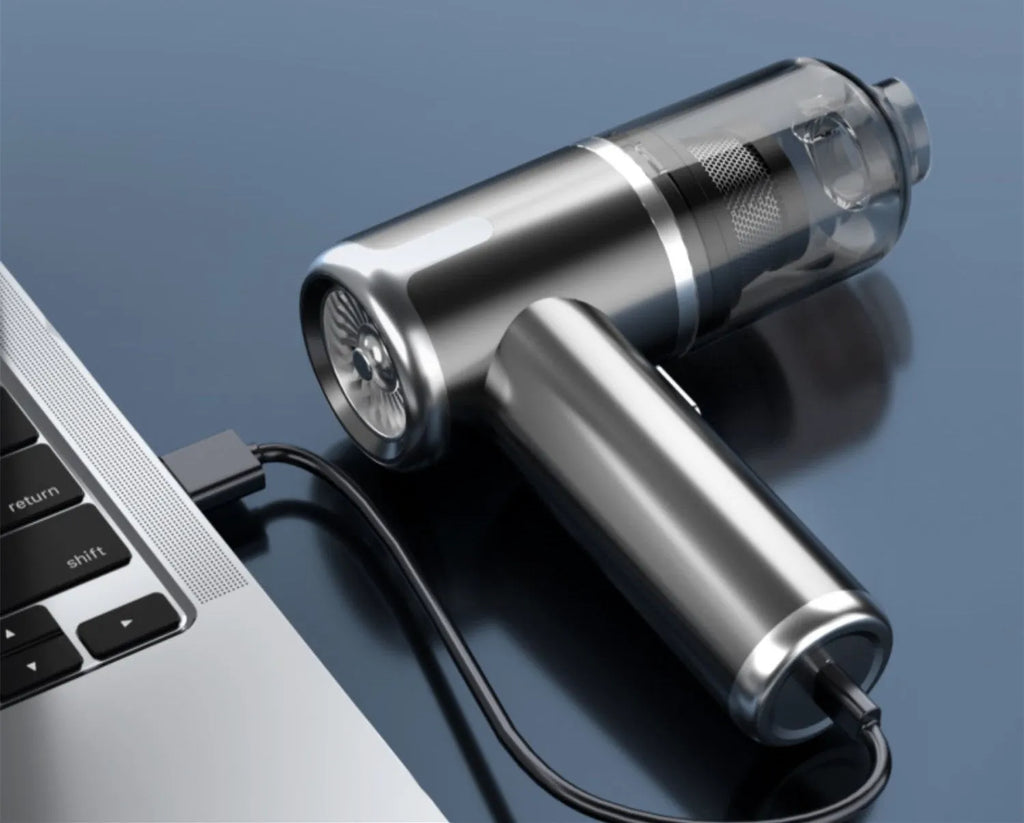 Handheld cordless car vacuum cleaner with wireless charging dock and cleaning attachments