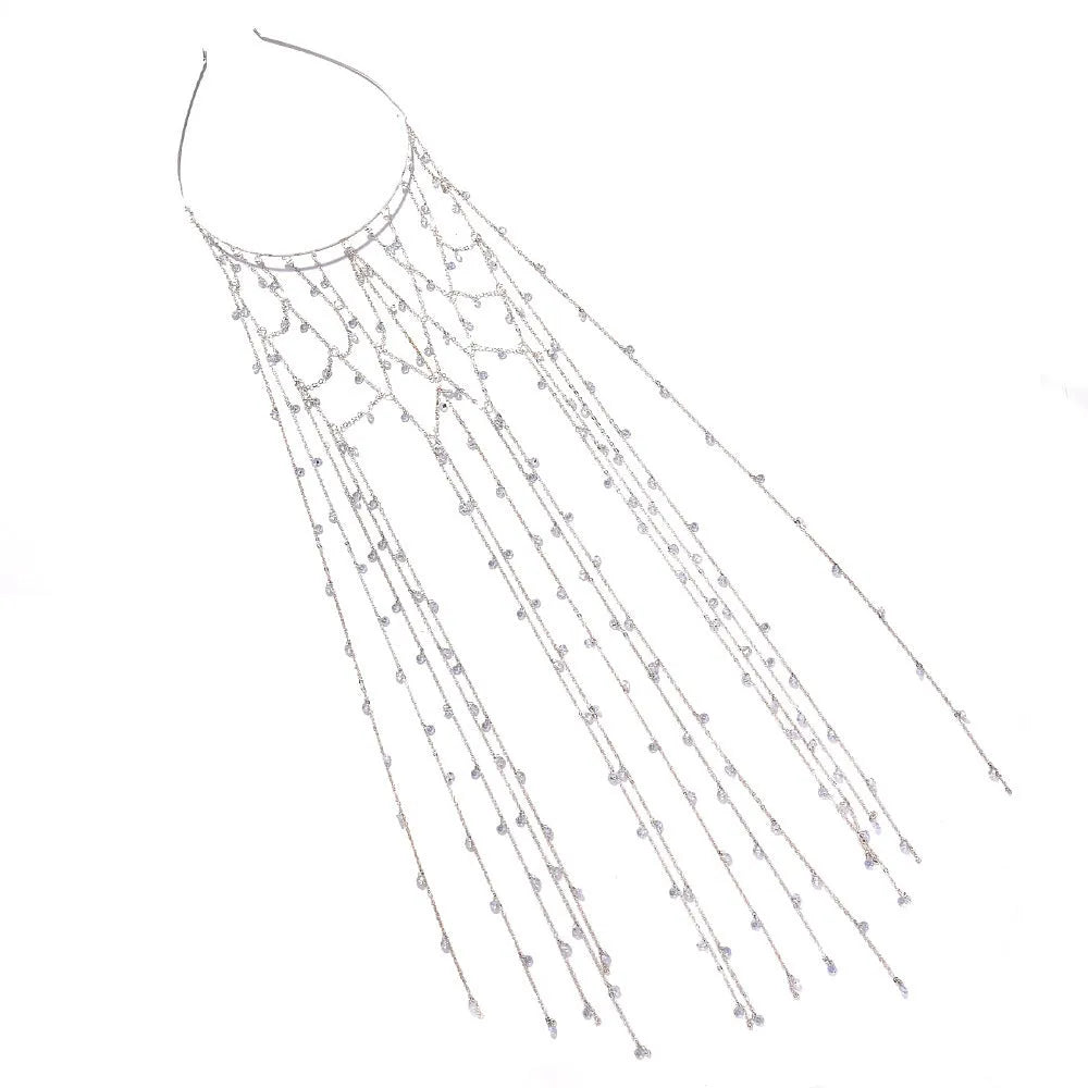 Gold metallic mesh hair band with rhinestones and chain tassel decoration