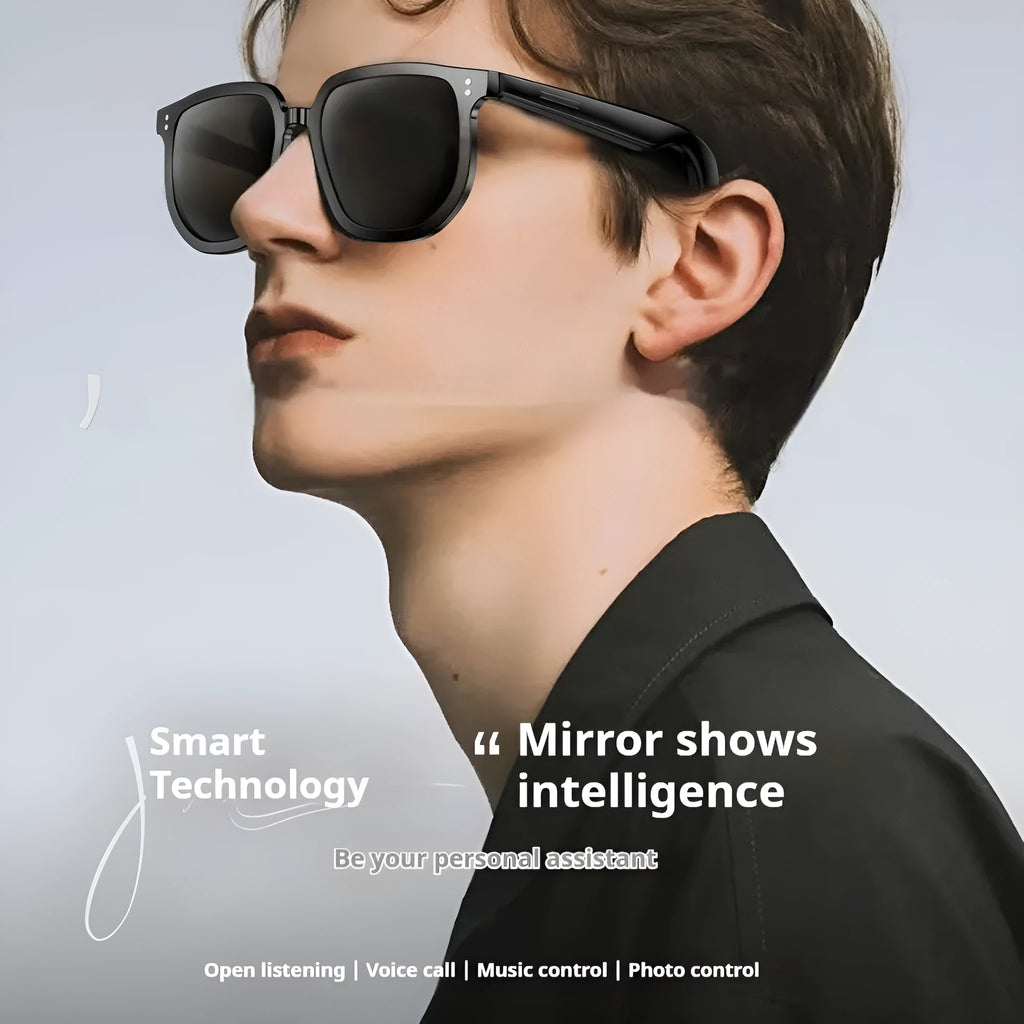 Black AI smart glasses with Bluetooth audio functionality and touch controls