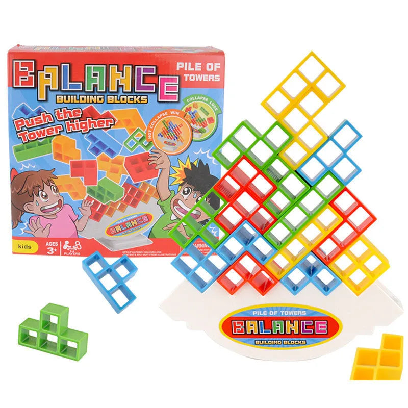 Plastic balance stacking game with 16 coloured building blocks, chassis, and base on a table