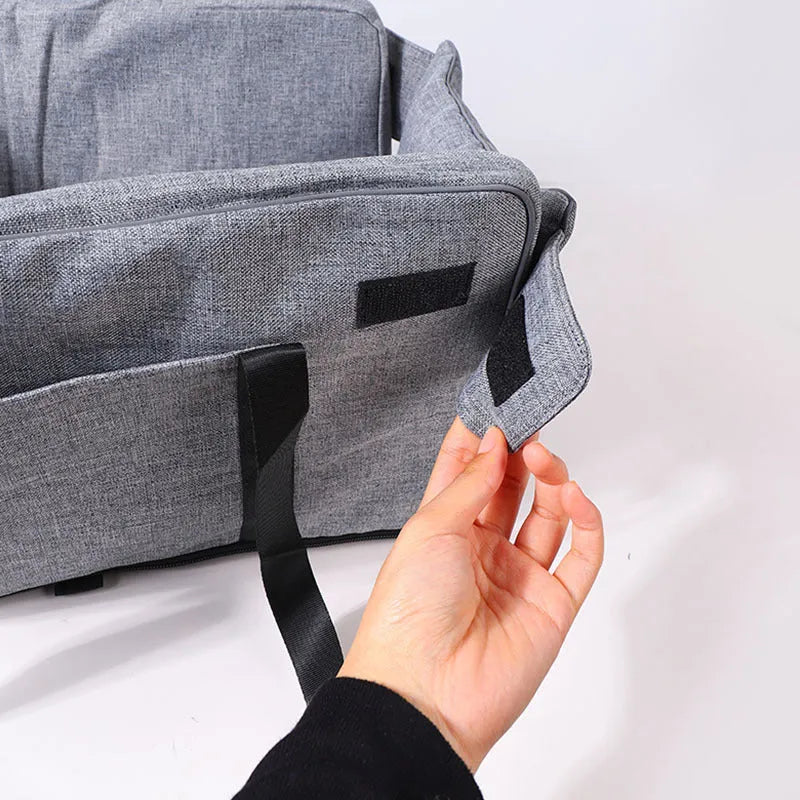 Outdoor cloth dog kennel shown in grey mesh, suitable for car and garden use across all four seasons.