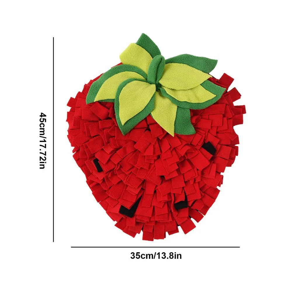 Red and green strawberry-shaped pet slow feeder mat with hiding spots for interactive feeding
