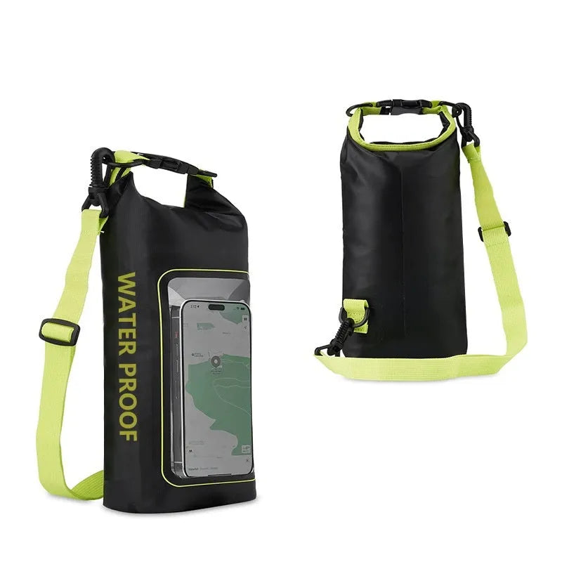 Army Green PVC waterproof crossbody bag with strap, shown in 2L and 5L sizes for swimming and beach use.