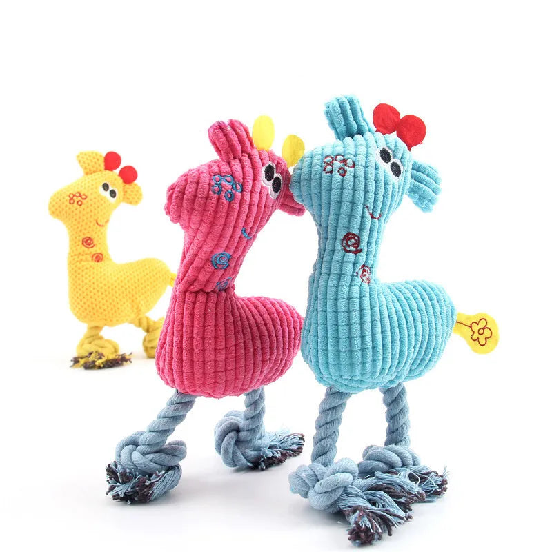 Blue deer shaped plush dog toy with corn grain texture pattern and squeaker