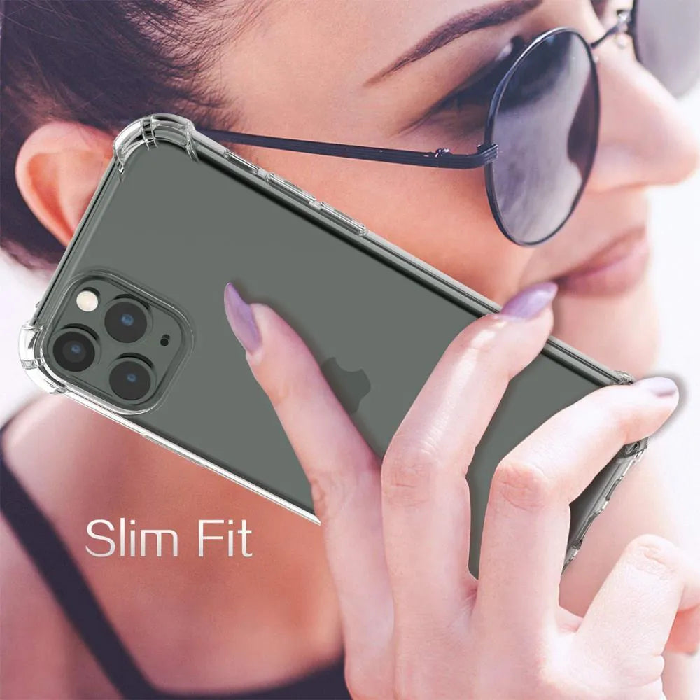 Transparent shockproof TPU phone case for iPhone, shown from the back and side.