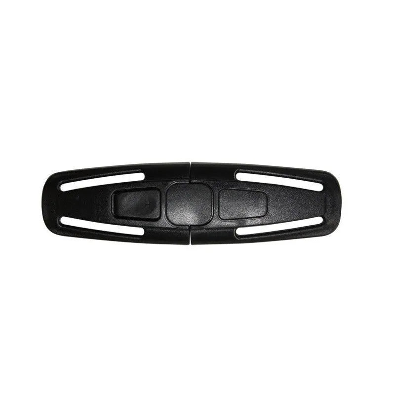 Black nylon child safety seat belt buckle clip measuring 14.5 by 4 centimetres