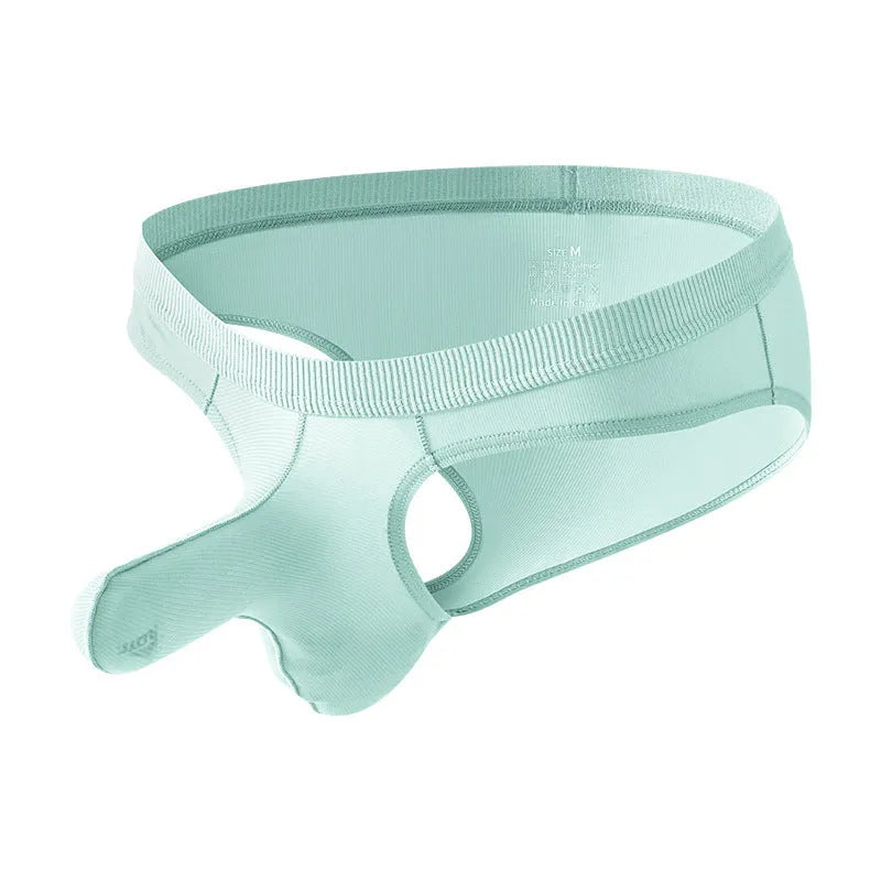 Men's low waist ice silk briefs in black, grey, light green, pink, and purplish blue colours.