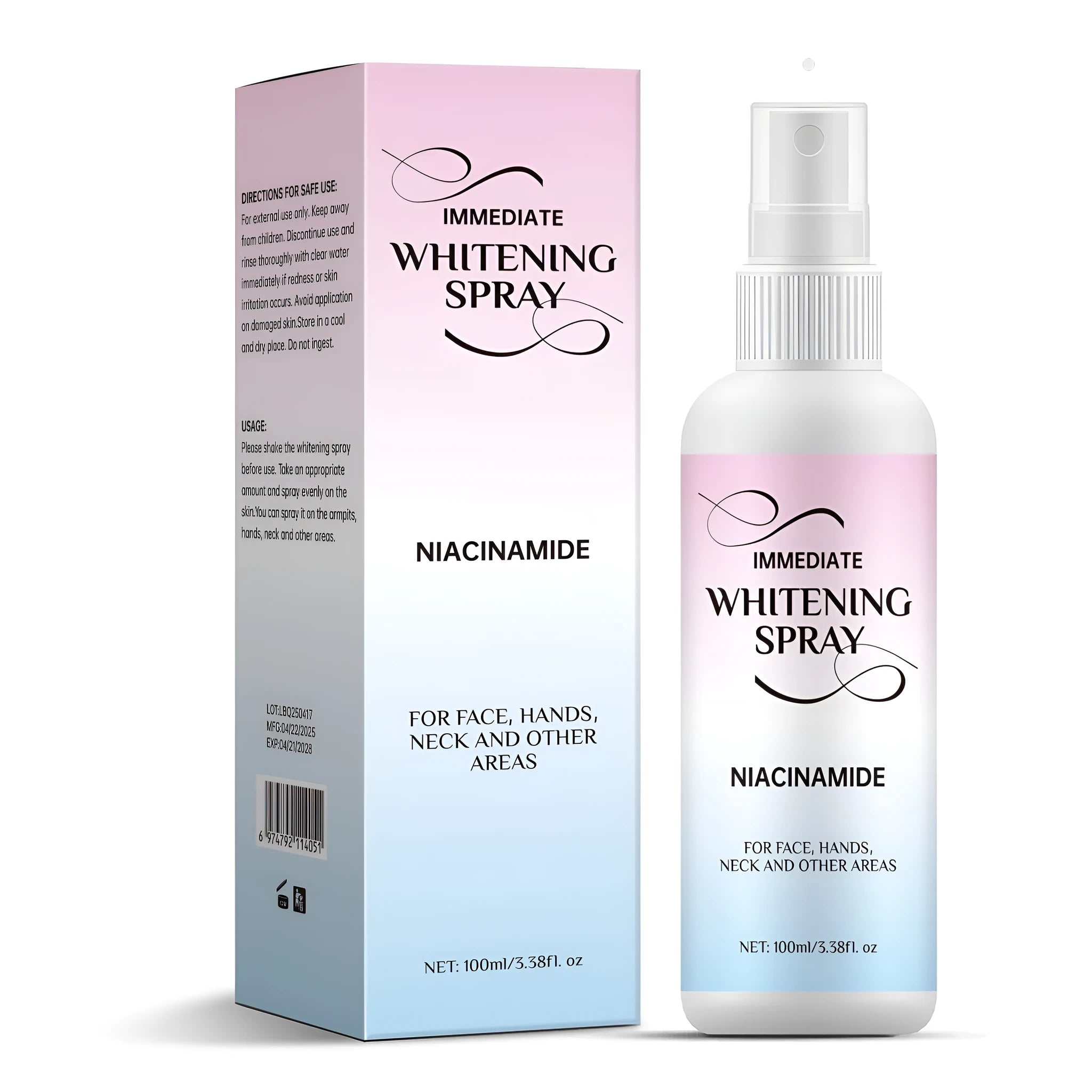 100ml can of sweat-proof whitening spray for brightening skin colour on face and body.