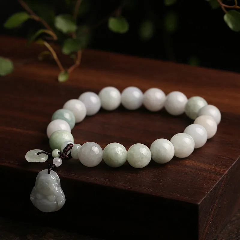 Natural jade bracelet with geometric hanging design and Buddhist elements including Maitreya Buddha motif