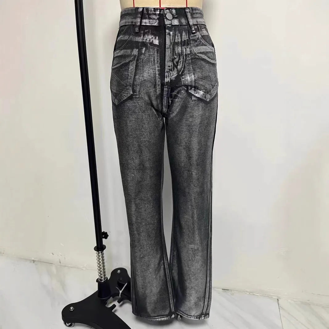 Washed blue high waist straight leg jeans on a model, showing contrast colour details.