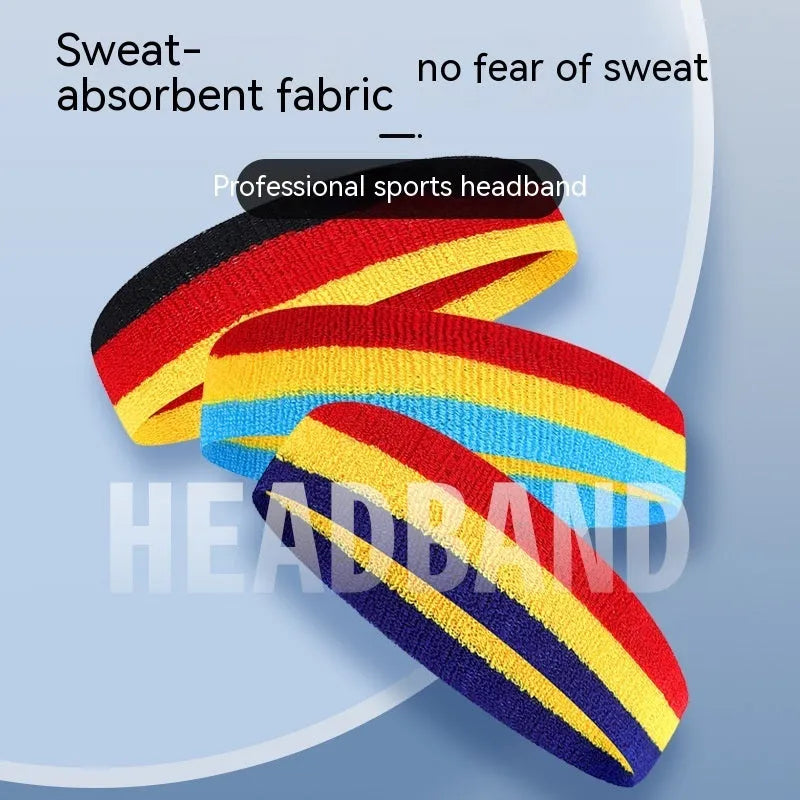 Three-colour sports headband for adult running and basketball activities measuring 5.5cm by 20cm