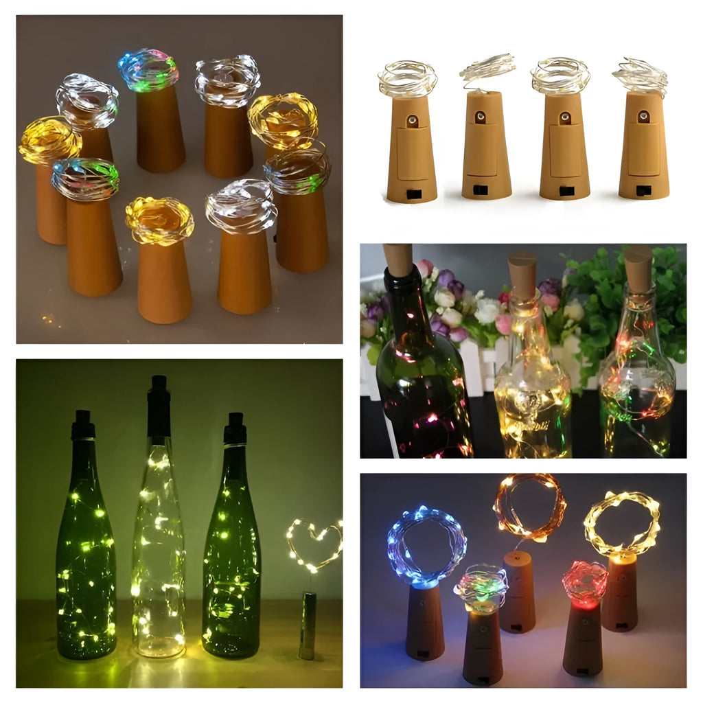 Silver copper wire LED string lights wrapped around a wine bottle with bottle stopper