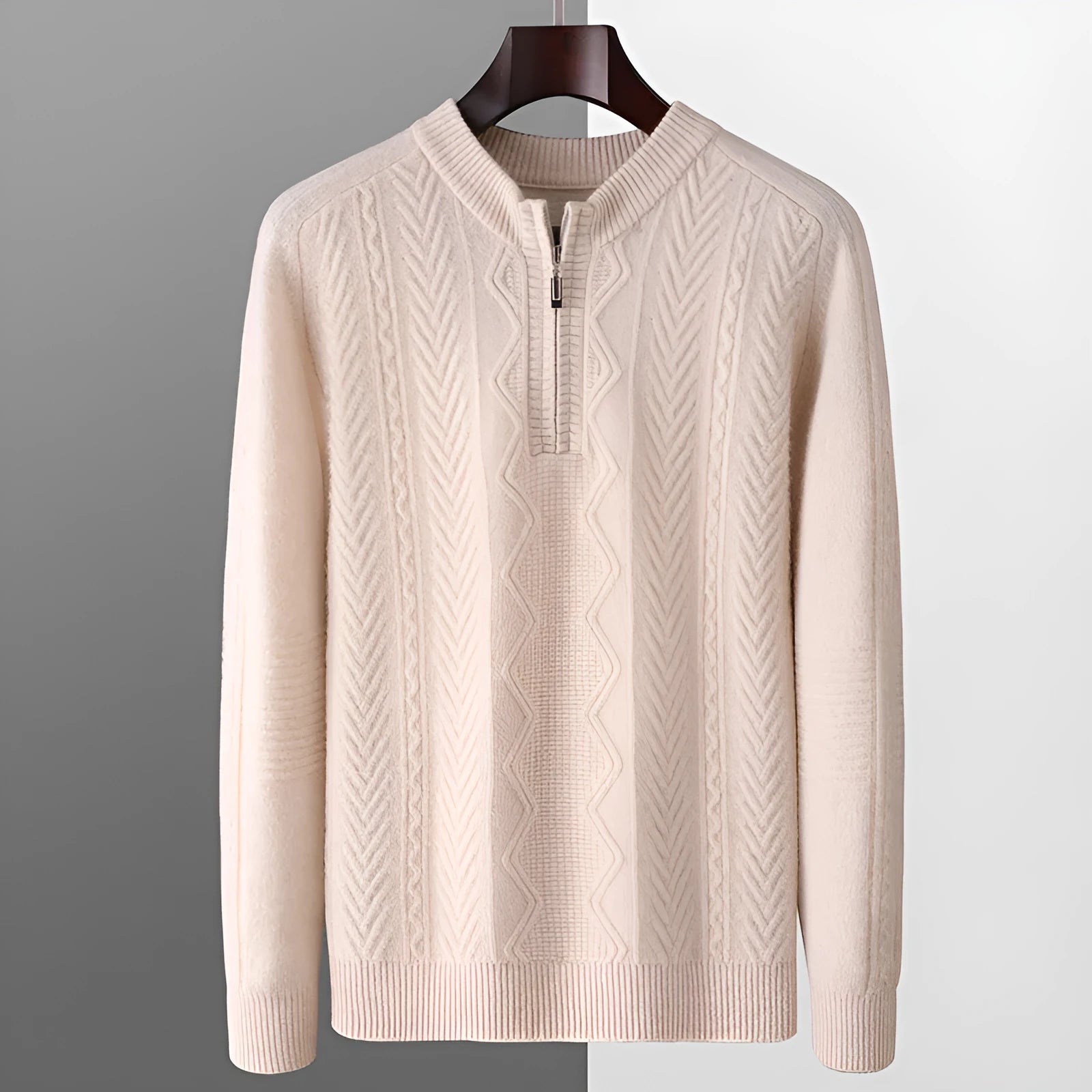 Men's pure wool half-zip sweater with diamond lattice pattern in milky white colour showing front view