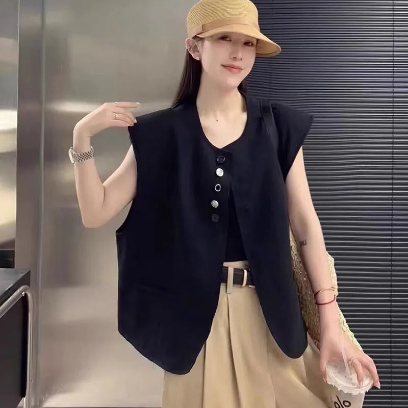 Women's loose fit polyester vest in milky white with pocket detail and 40cm length